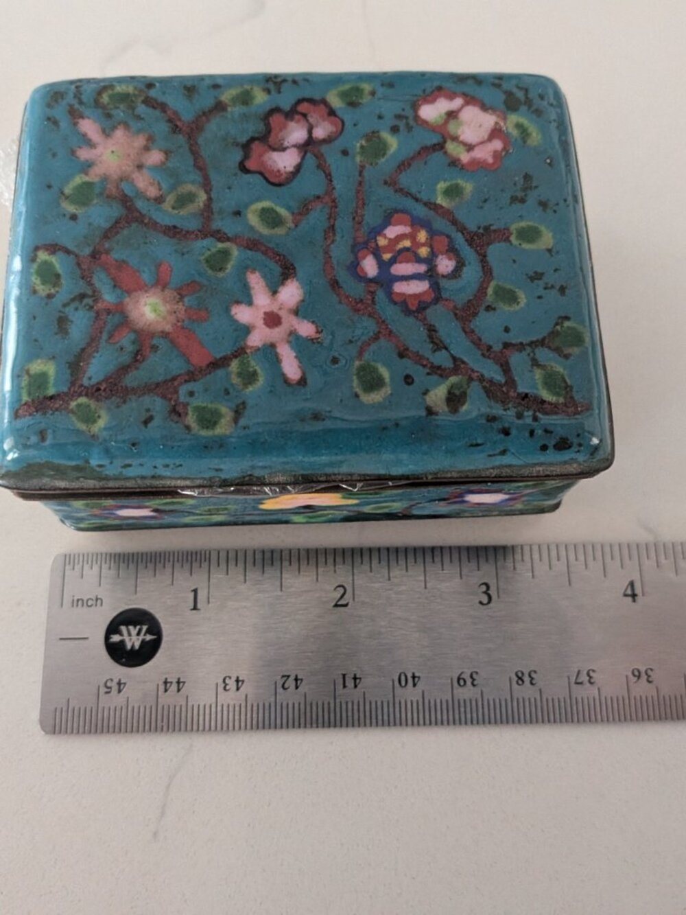 ANTIQ Chinese Canton Enamel Peony Trinket Box & Catchall Tray Set Boho Decor 3pc - Picture 16 of 16